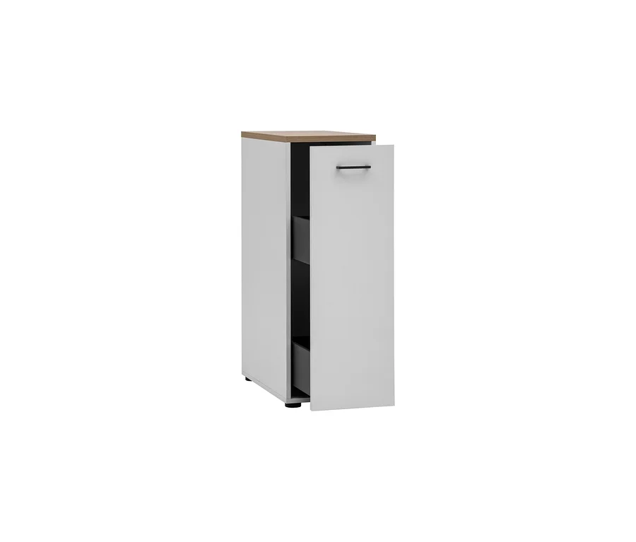 Weißer, schmaler Apothekerschrank »Solea« mit geöffneter Schublade.