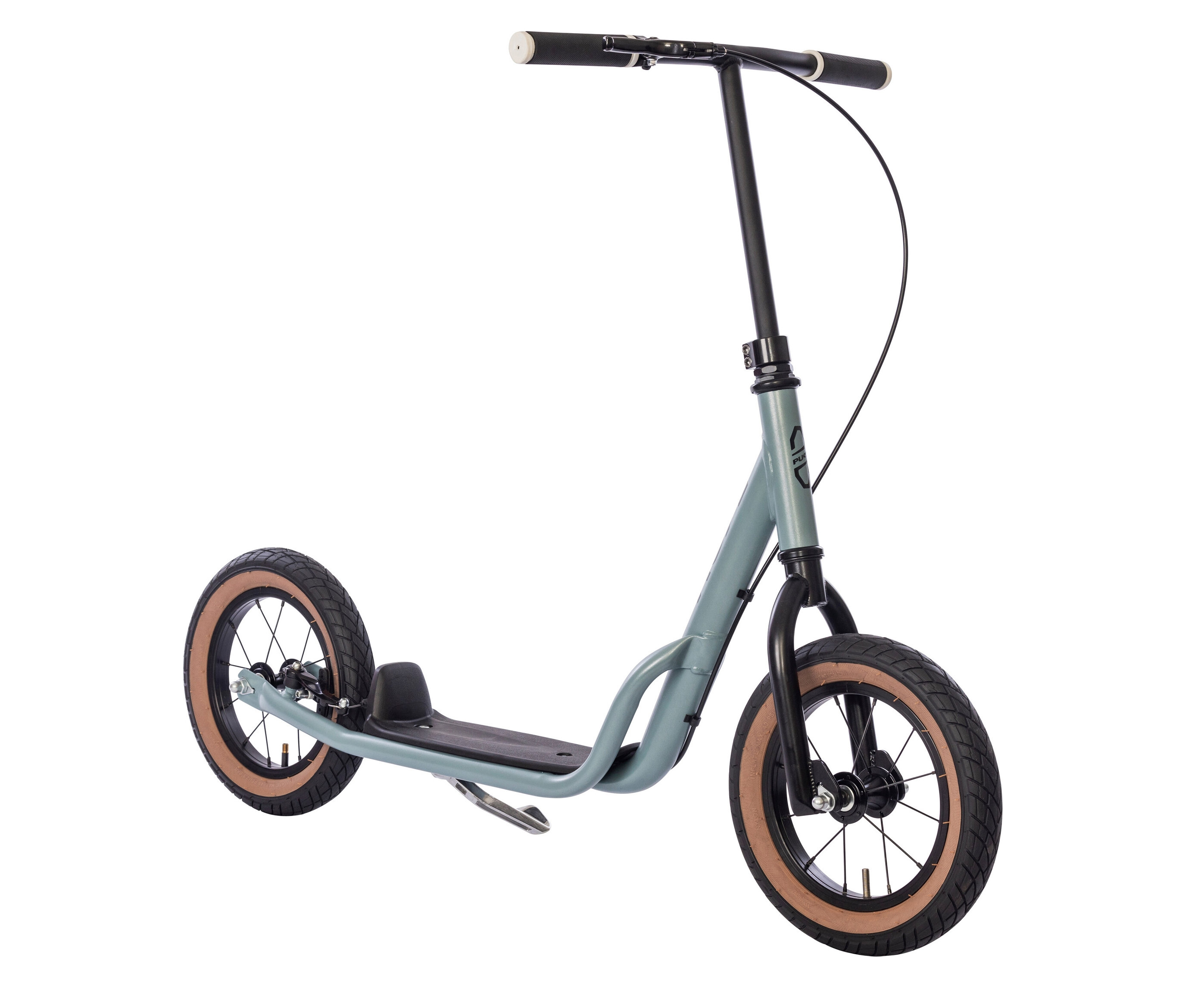 Nahaufnahme eines PUKY Scooter R 07 L, aschblau, freigestellt auf weißem Hintergrund.