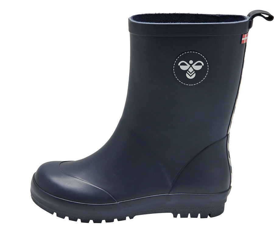 Ein marineblauer Gummistiefel mit einem Logo.