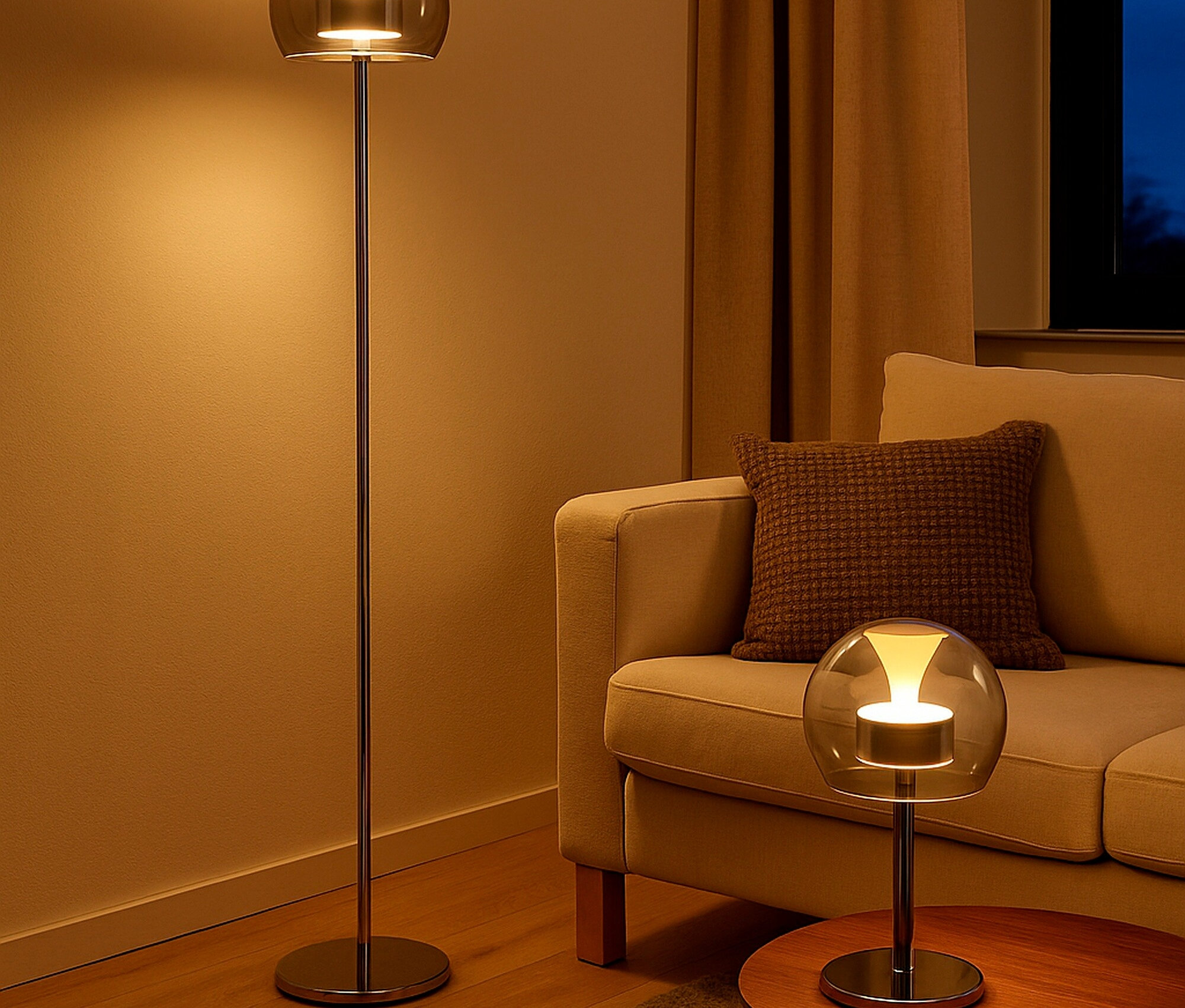 Im Wohnzimmer stehen eine Stehlampe und eine Tischlampe auf einem Tisch.