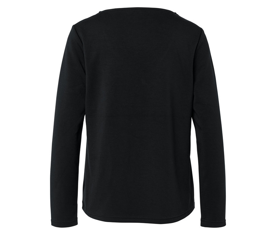 Detailansicht eines schwarzen Damenlangarmshirts von hinten.