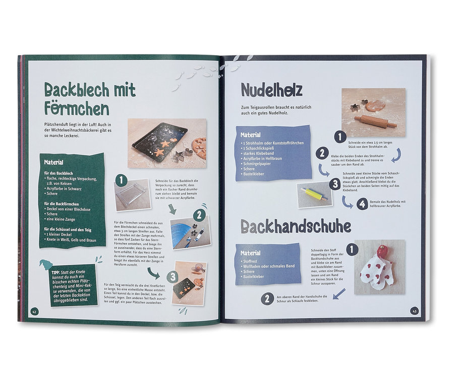 Offenes Buch zeigt Anleitungen zur Herstellung von Dekorationen aus dem Buch »Kreative Ideen rund um die Wichteltür«.