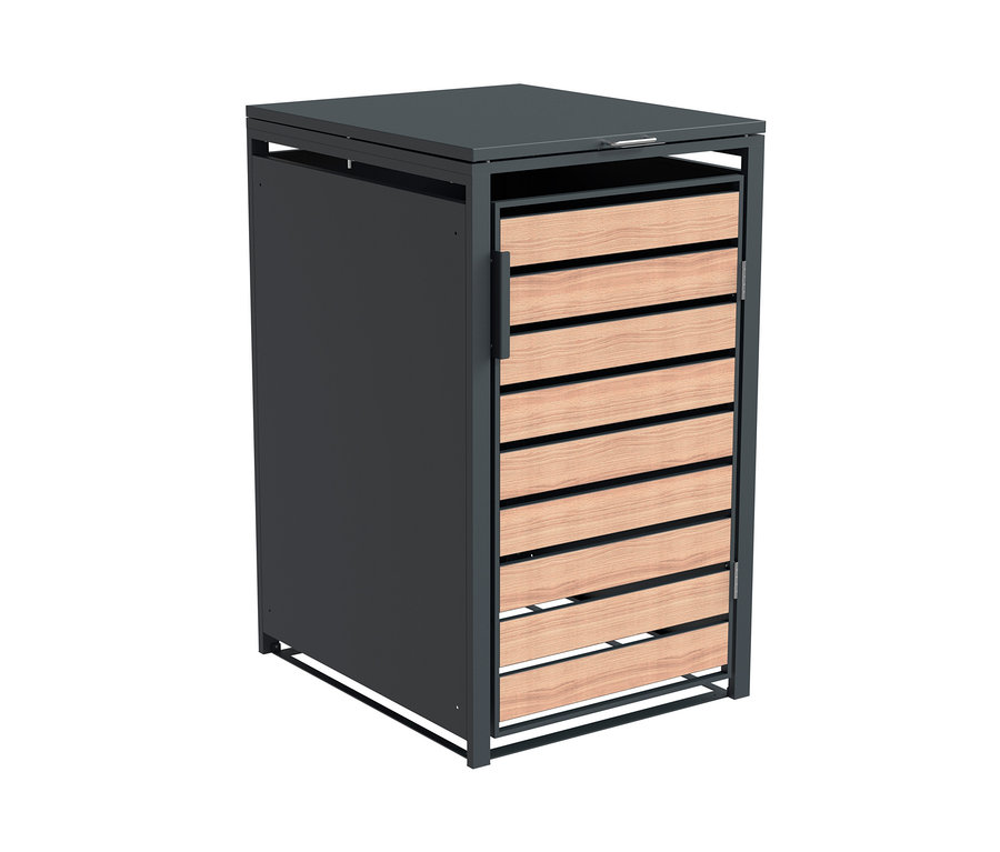 Eine Mülltonnenbox, eine 3er oder 4er, mit Holzlamellen an der Tür.