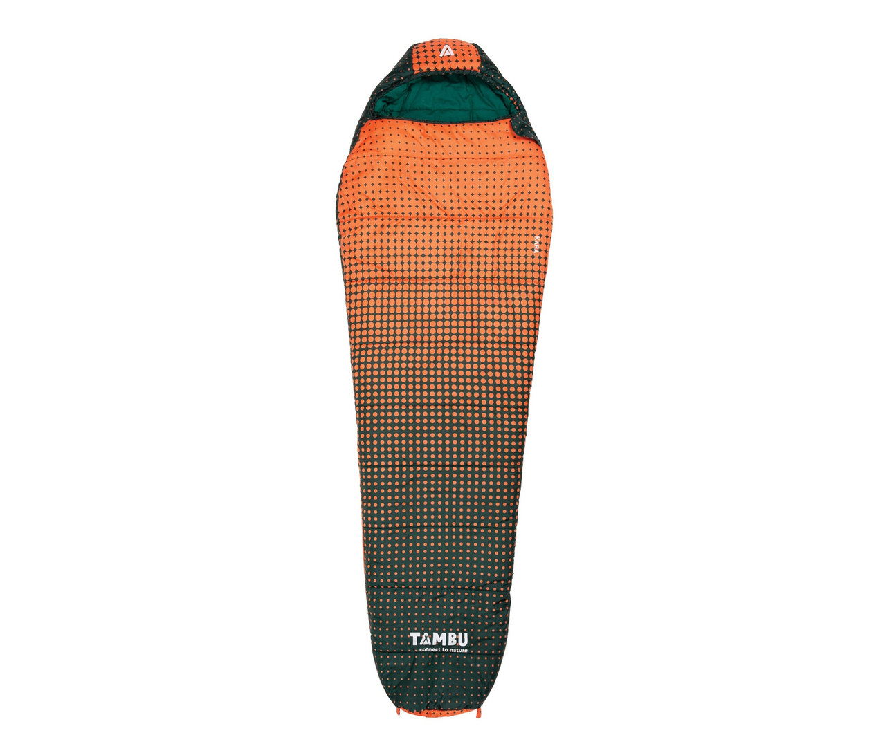 Orange-grüner Tambu Mumienschlafsack Kara 1000 vor einem weißen Hintergrund.