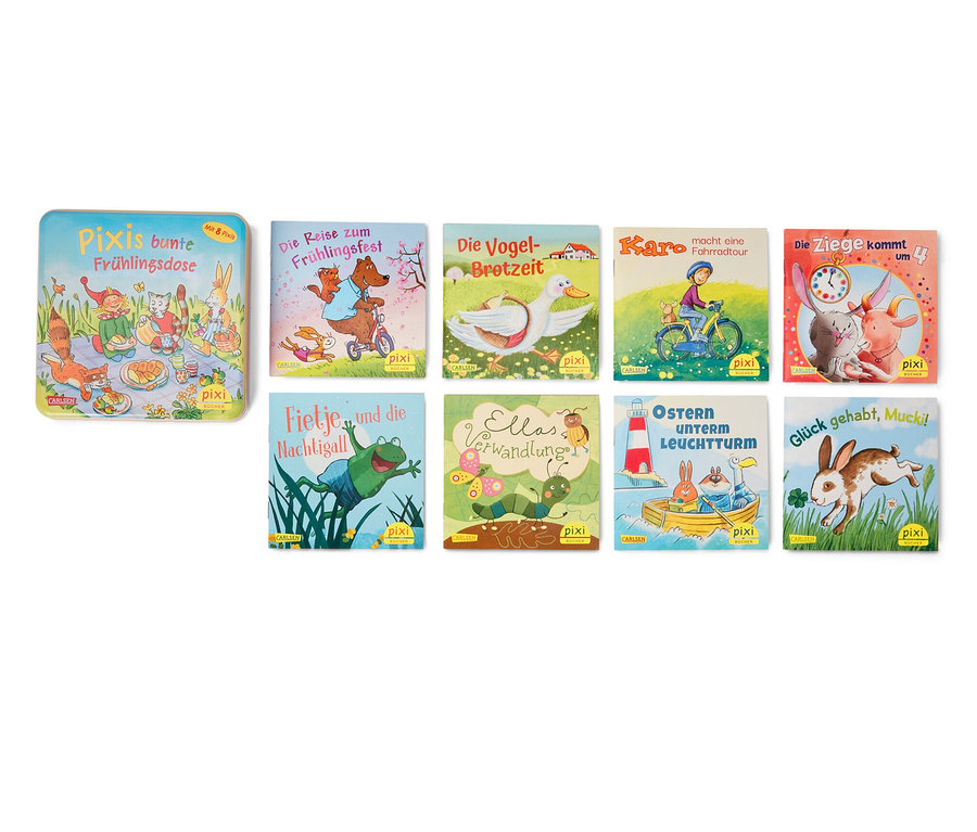 Illustration des Covers und mehrerer Bücher aus dem Bücher-Set »Pixis bunte Frühlingsdose«.