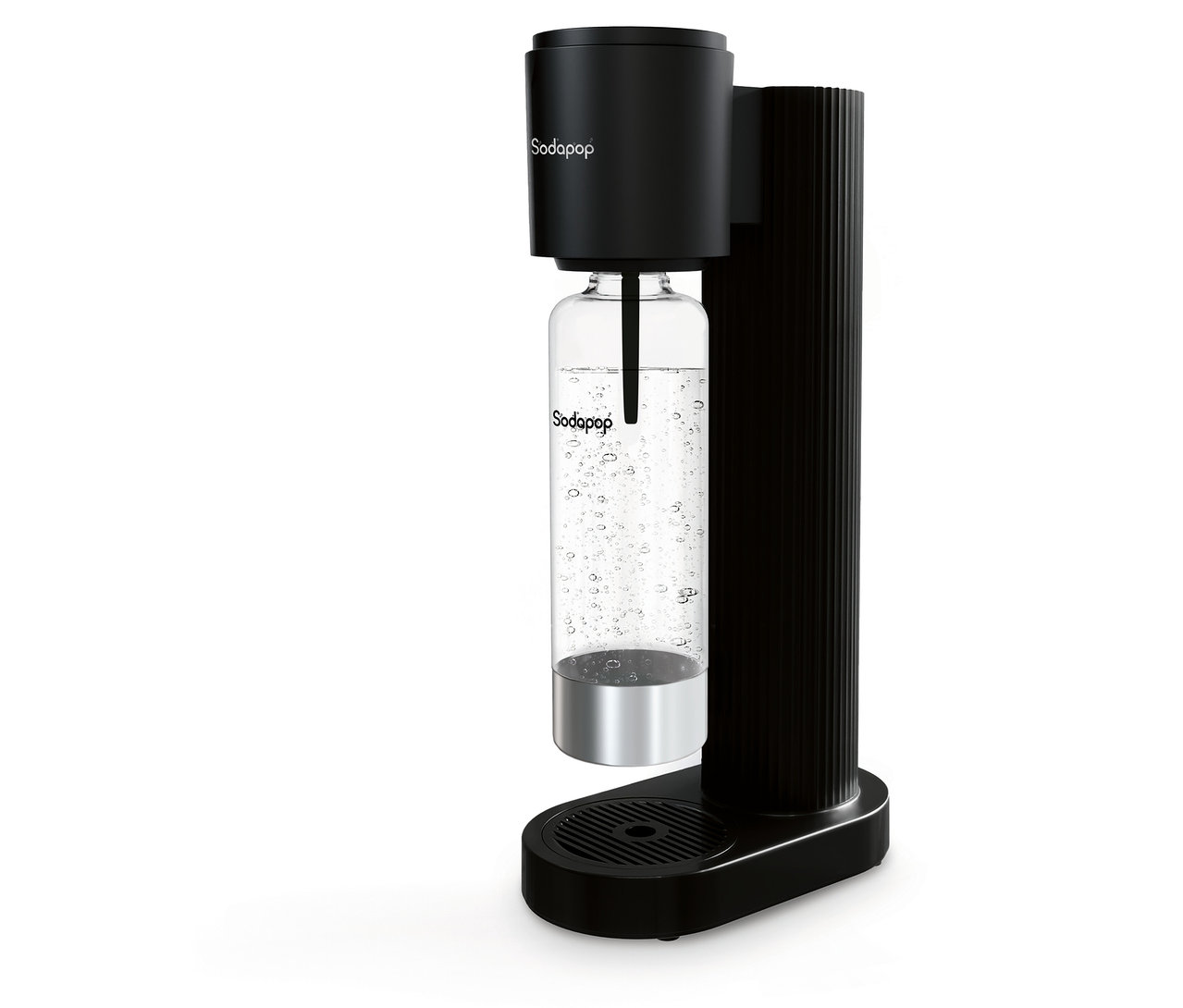 Schwarzer Sodapop Wassersprudler Cooper Pro mit eingesetzter, befüllter Flasche.