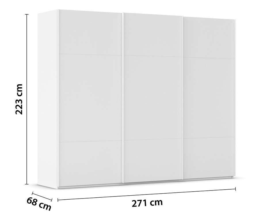 Weißer Schrank mit drei Schiebetüren und den Maßen 223 cm Höhe, 68 cm Tiefe und 271 cm Breite.