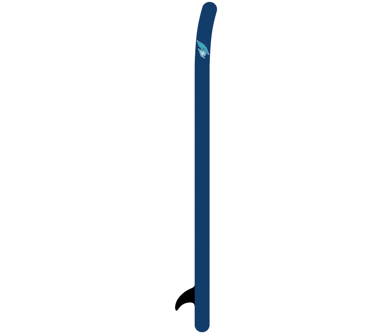 Blaues F2 SUP Board »Drive«, groß, stehend mit schwarzer Finne unten und Logo oben.