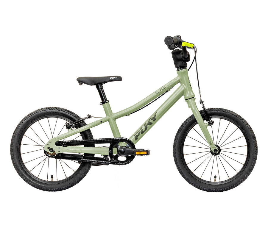 Das PUKY Fahrrad LS-PRO 16 in Mintgrün steht im Profil und zeigt Details wie den Sattel, die Reifen und den Lenker.