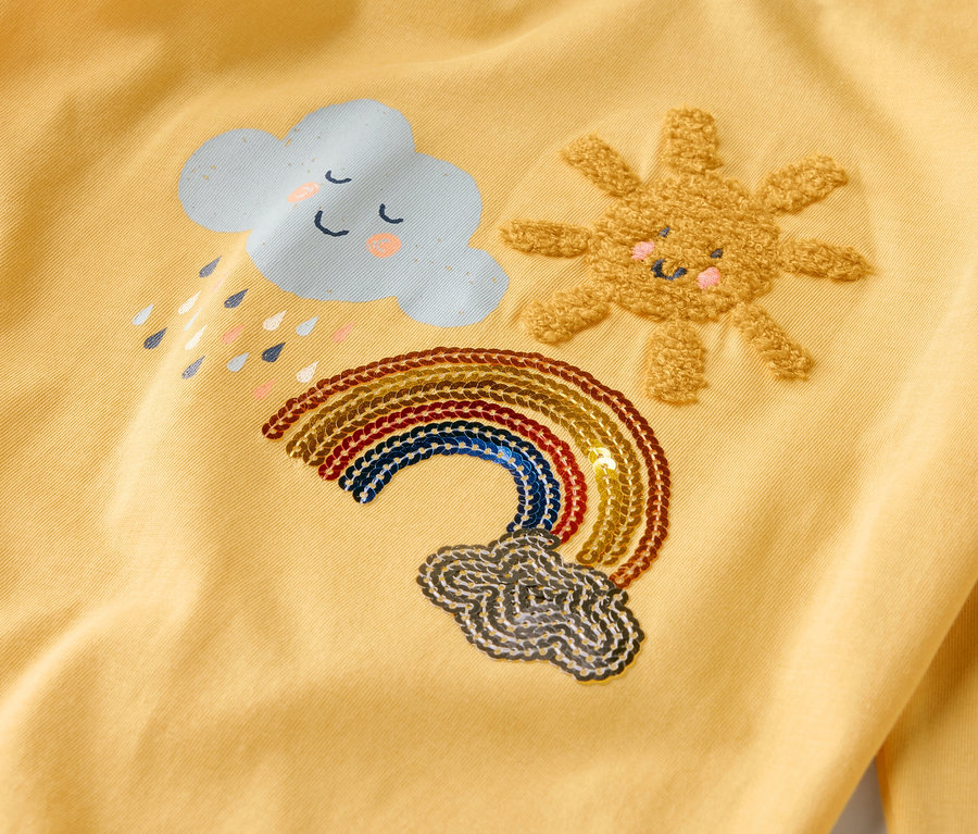 Auf einem gelben Stoff sind eine Wolke mit Regentropfen, eine Sonne und ein Regenbogen aufgestickt.