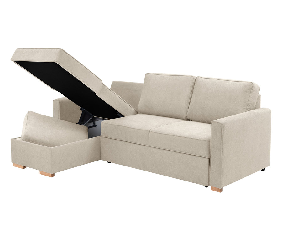 Beiges Ecksofa mit offenem Bettkasten.