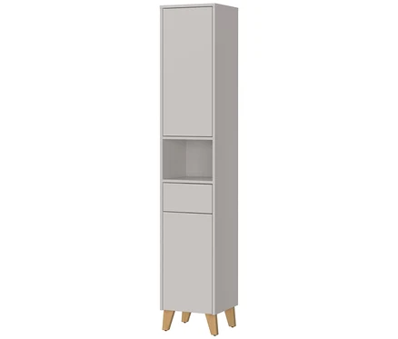 Grauer, schmaler Hochschrank mit zwei Türen, einem offenen Fach und einer Schublade auf vier Holzfüßen.