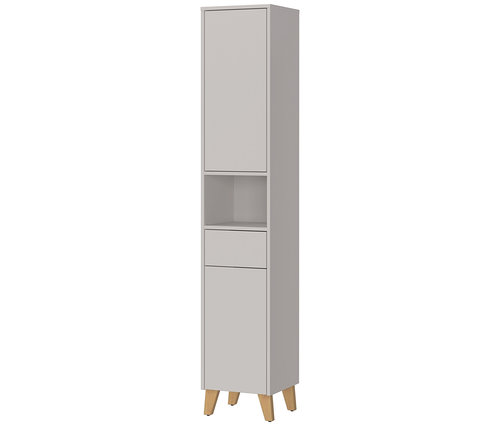 Grauer, schmaler Hochschrank mit zwei Türen, einem offenen Fach und einer Schublade auf vier Holzfüßen.