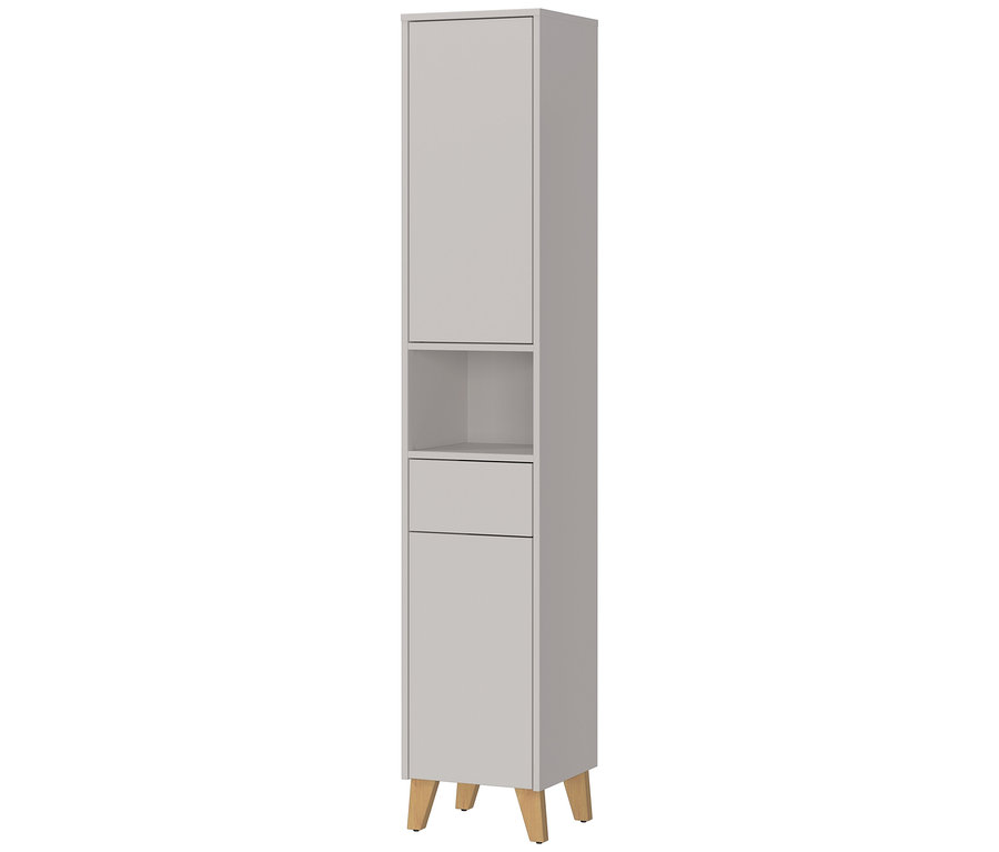 Grauer, schmaler Hochschrank mit zwei Türen, einem offenen Fach und einer Schublade auf vier Holzfüßen.