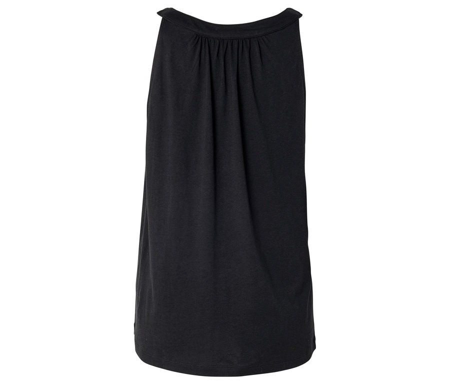 Schwarzes Tanktop mit Neckholder-Ausschnitt, drapiert am Halsausschnitt.