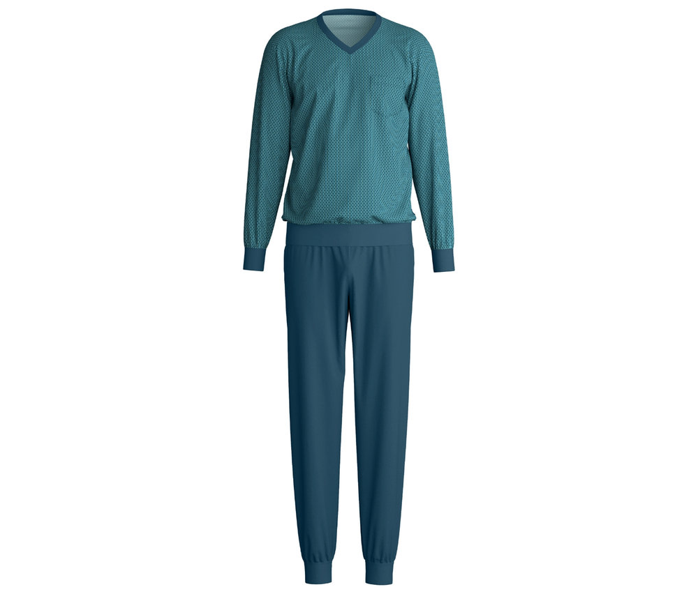 Das Calida Streamline Pyjama-Set mit Bündchen in Blau ist auf einem weißen Hintergrund zu sehen.