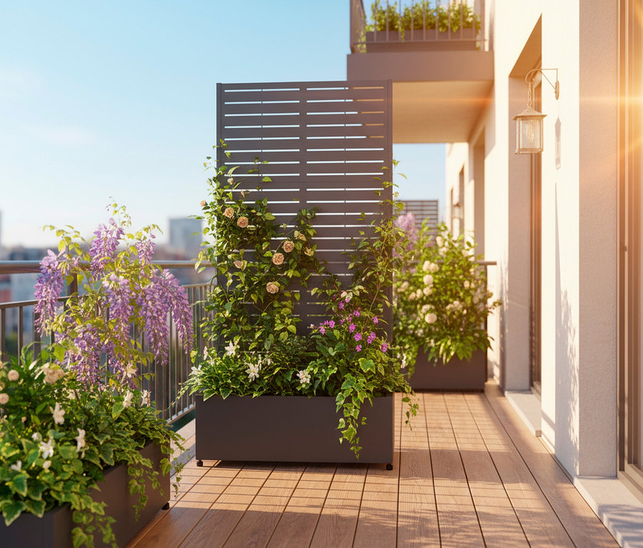 Auf einem Balkon steht ein Sichtschutz mit Pflanzkasten (90 x 184 x 42,5 cm), der mit Rosen bepflanzt ist.
