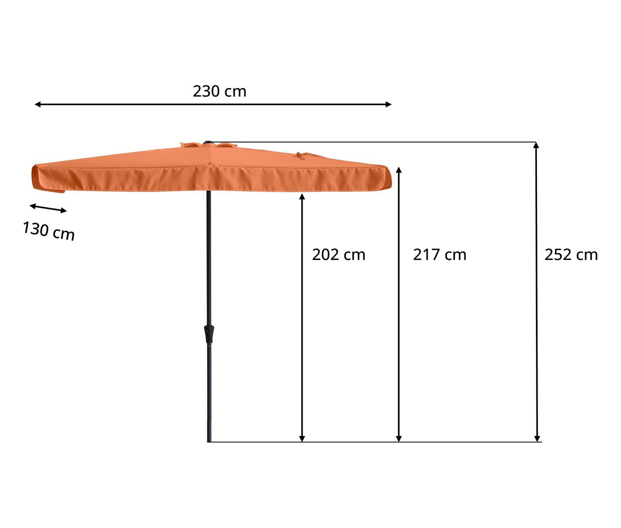 Abbildung eines orangefarbenen Sonnenschirms mit Maßangaben.