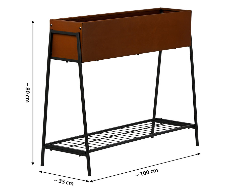 Ein brauner Pflanzkasten mit schwarzem Metallgestell steht auf einem weißen Hintergrund.