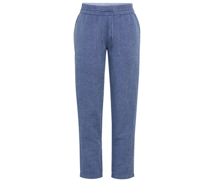 Eine einzelne Hose in blauer Farbe ist vor einem weißen Hintergrund zu sehen.