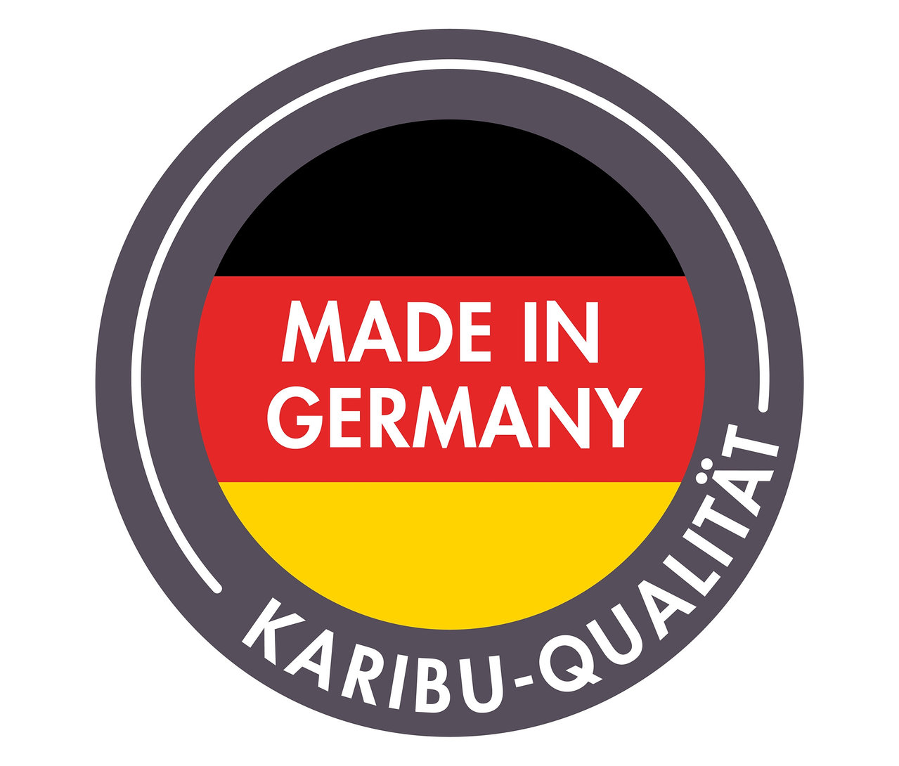 Abzeichen „Made in Germany“ mit den Farben der deutschen Flagge und dem Text „Karibu-Qualität“.