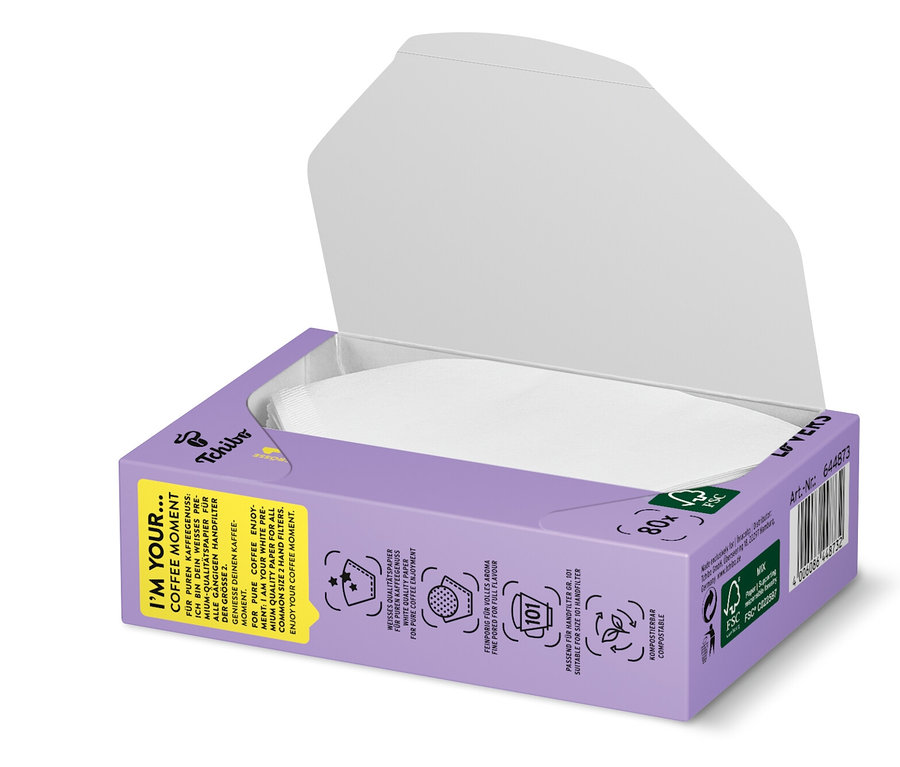 Geöffnete lila Packung mit Kaffeefiltern Gr.101 EXP,weiss,18x,FSC M, mit weißen Filtern darin.