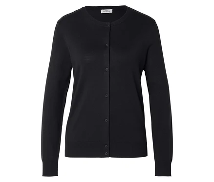 Schwarze, langärmlige Strickjacke mit rundem Kragen und Knopfleiste.
