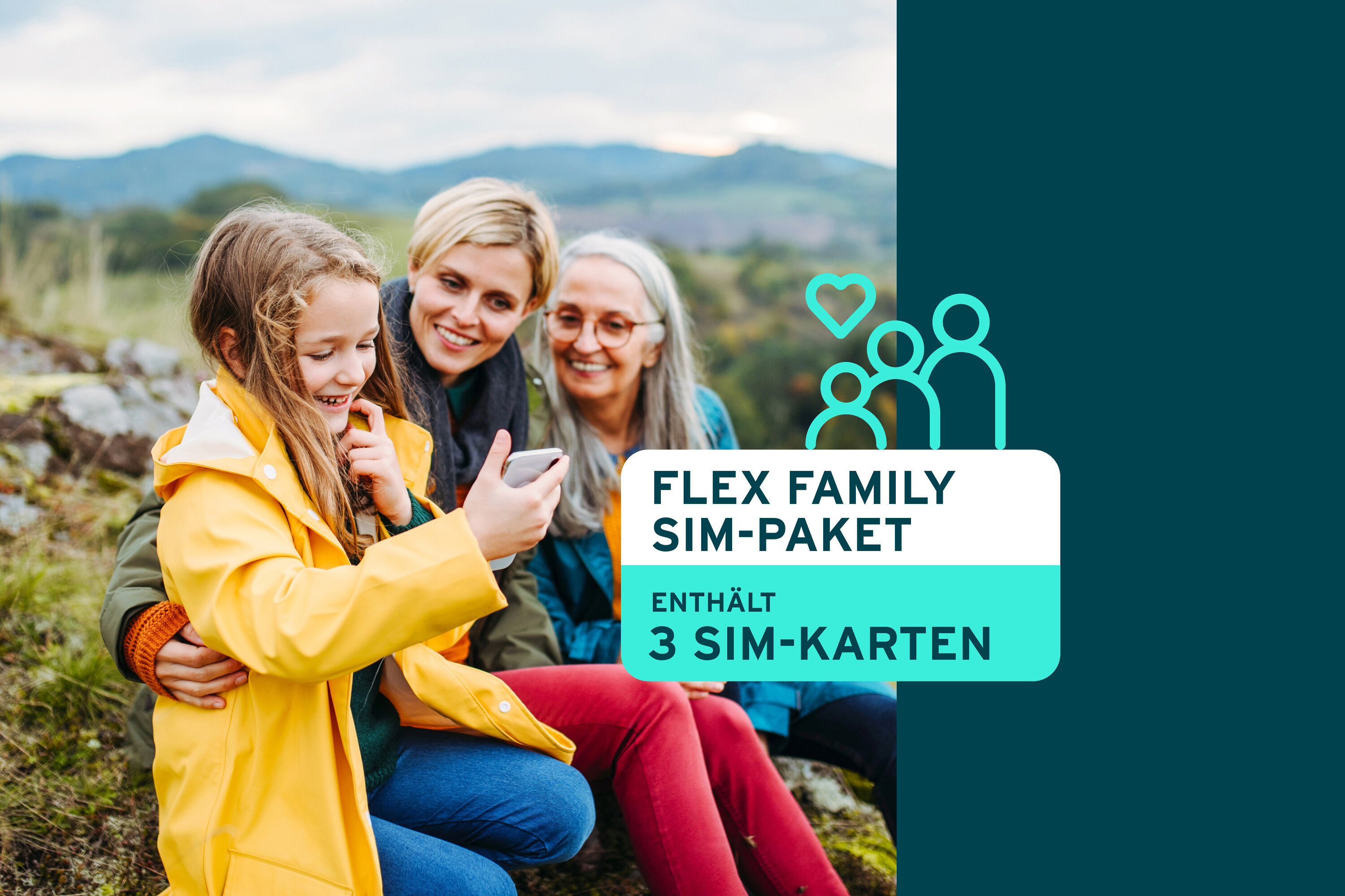 Drei Generationen schauen auf ein Handy. Mädchen trägt eine gelbe Jacke. Rechts daneben steht: Flex Family Sim-Paket. Enthält 3 Sim-Karten.