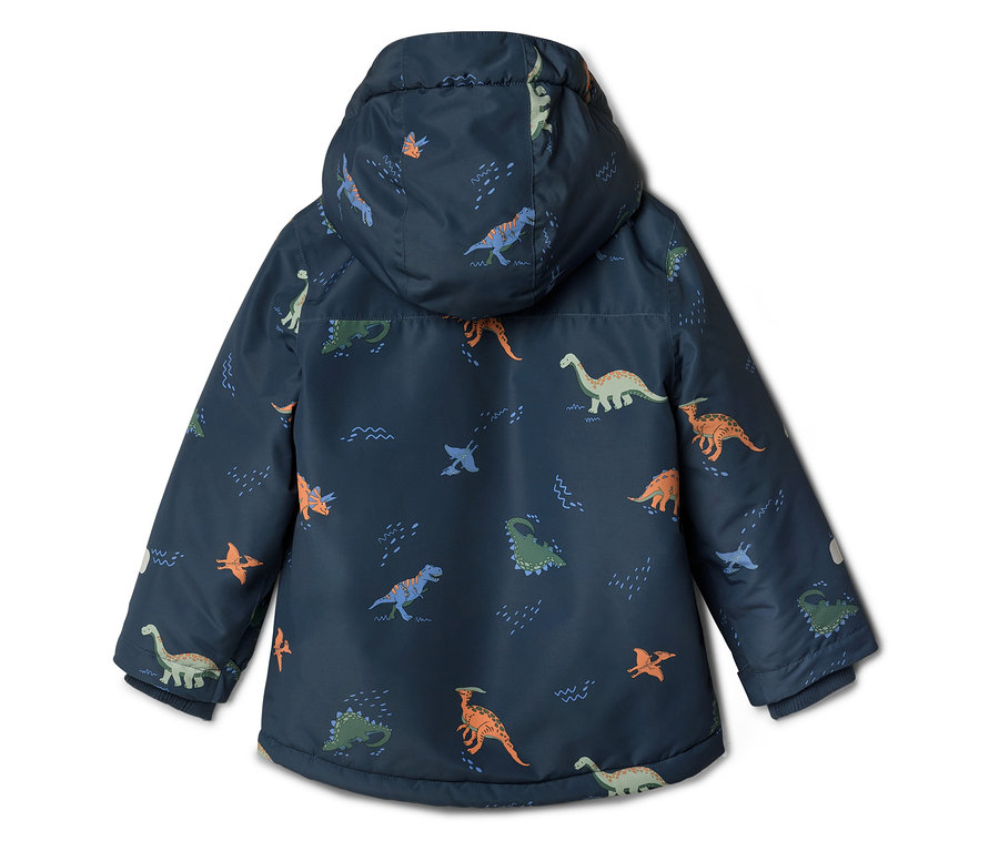 Dunkelblaue Jacke mit Kapuze, bedeckt mit Dinosaurier-Motiven in Grün, Orange und Blau.