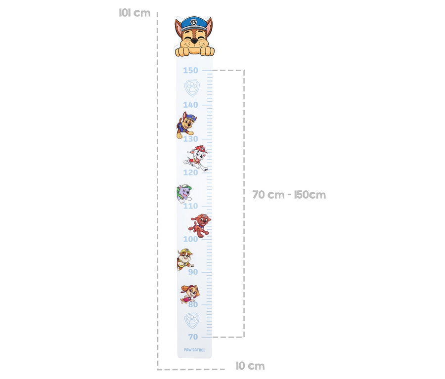Wachstumsdiagramm mit Paw Patrol Charakteren und Maßen von 70 bis 150 cm.