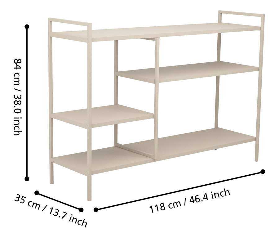 Beiges Regal mit vier Ebenen und Maßen.