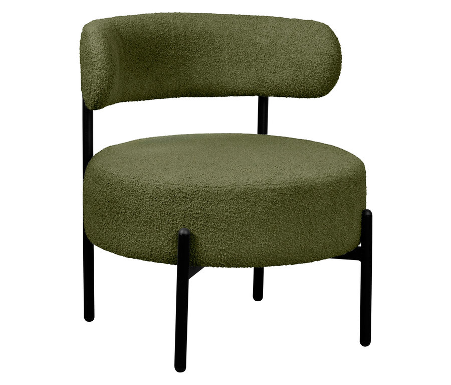 Ein einzelner olivgrüner Sessel mit schwarzem Metallgestell steht vor einem weißen Hintergrund.