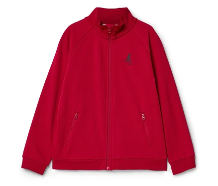 Rote Trainingsjacke mit Reißverschluss und kleinem Logo auf der Brust.