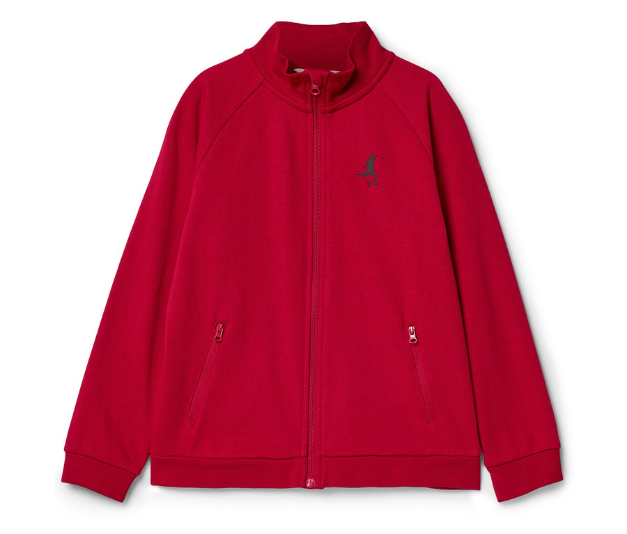 Rote Trainingsjacke mit Reißverschluss und kleinem Logo auf der Brust.