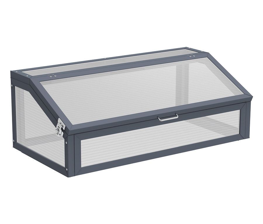 Anthrazitfarbener Hochbeet Schneckenschutz mit Frühbeetaufsatz.