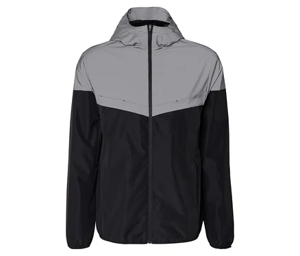 Frontale Nahaufnahme einer zweifarbigen Jacke mit Kapuze in Grau und Schwarz mit Reißverschluss vor einem weißen Hintergrund.