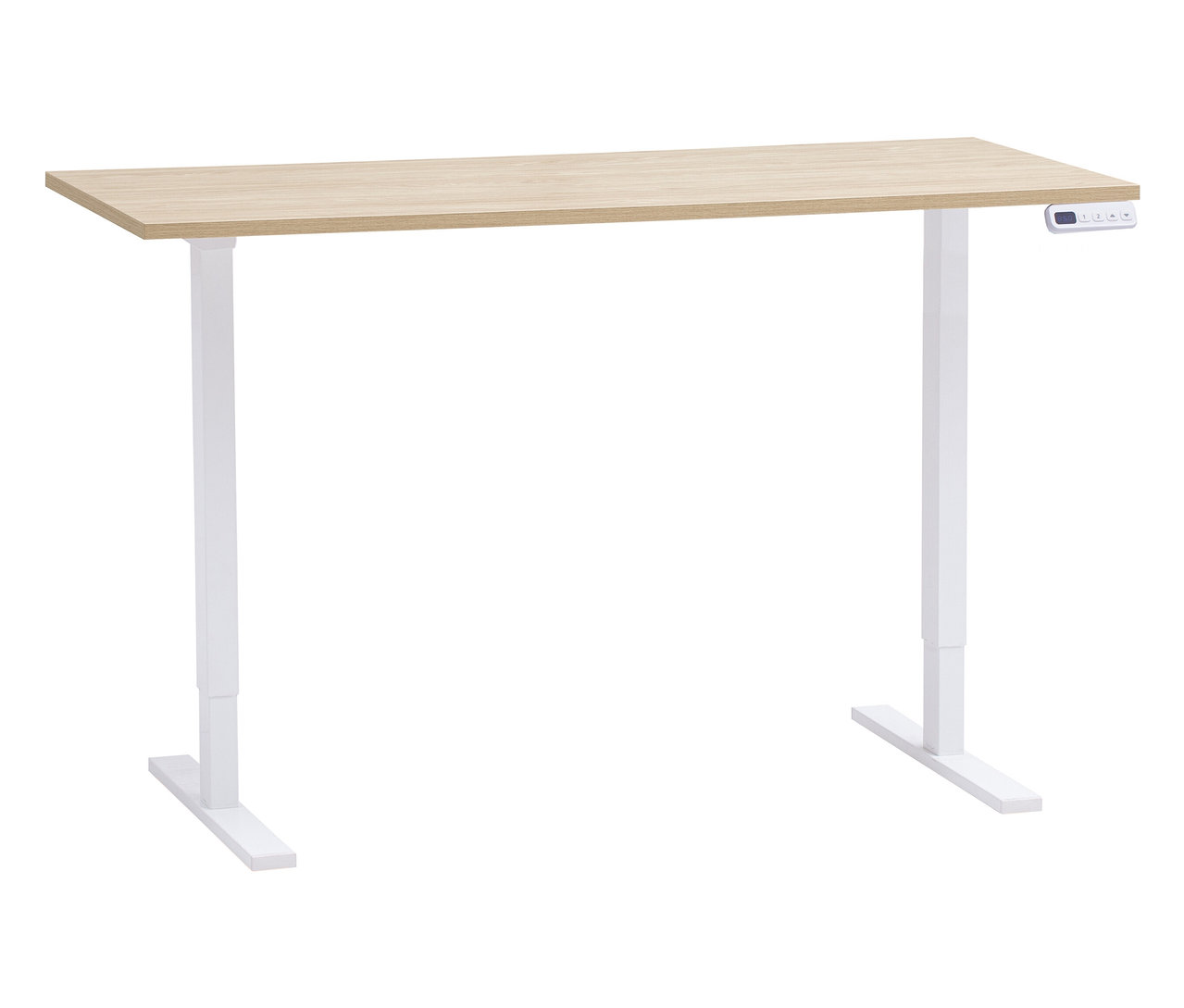 Ein höhenverstellbarer Schreibtisch mit einer hellbraunen Tischplatte und einem weißen Gestell steht vor einem weißen Hintergrund.
