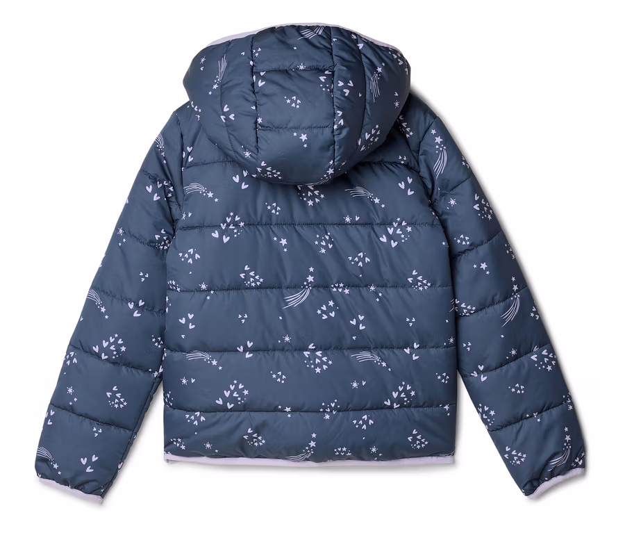 Rückansicht einer dunkelgrauen, gesteppten Jacke mit Kapuze und hellem Muster.