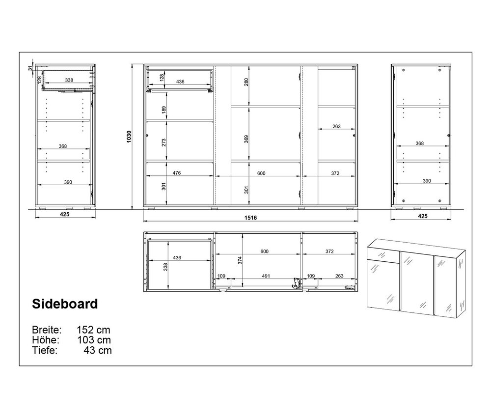 Technische Zeichnung eines Sideboards mit Maßangaben in Millimetern.