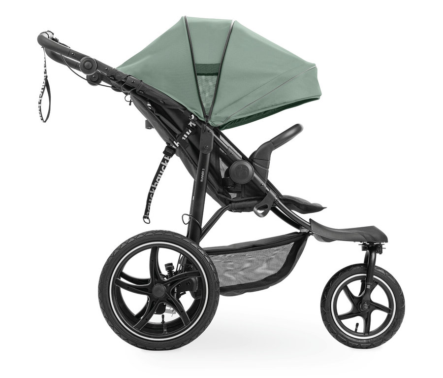 Kinderwagen mit grüner Haube, schwarzem Gestell und drei Rädern auf weißem Hintergrund.