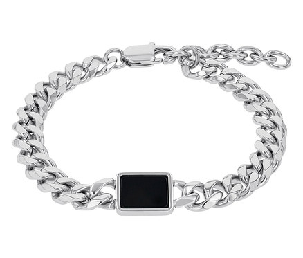 Silbernes Amor Unisex-Armband mit einem schwarzen, rechteckigen Anhänger.