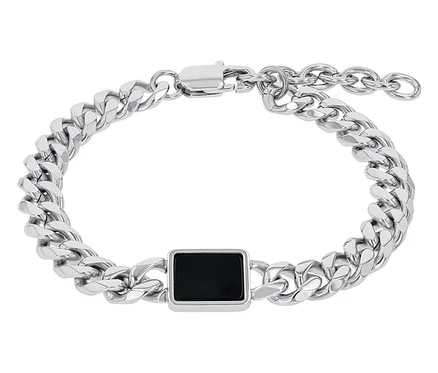 Silbernes Amor Unisex-Armband mit einem schwarzen, rechteckigen Anhänger.