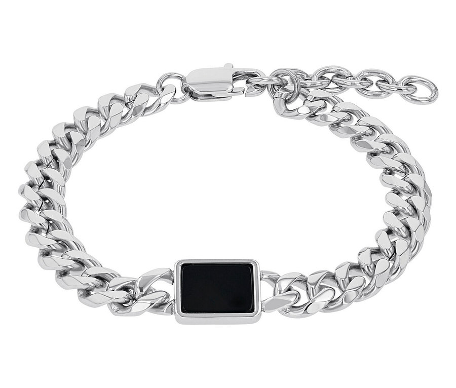 Silbernes Amor Unisex-Armband mit einem schwarzen, rechteckigen Anhänger.