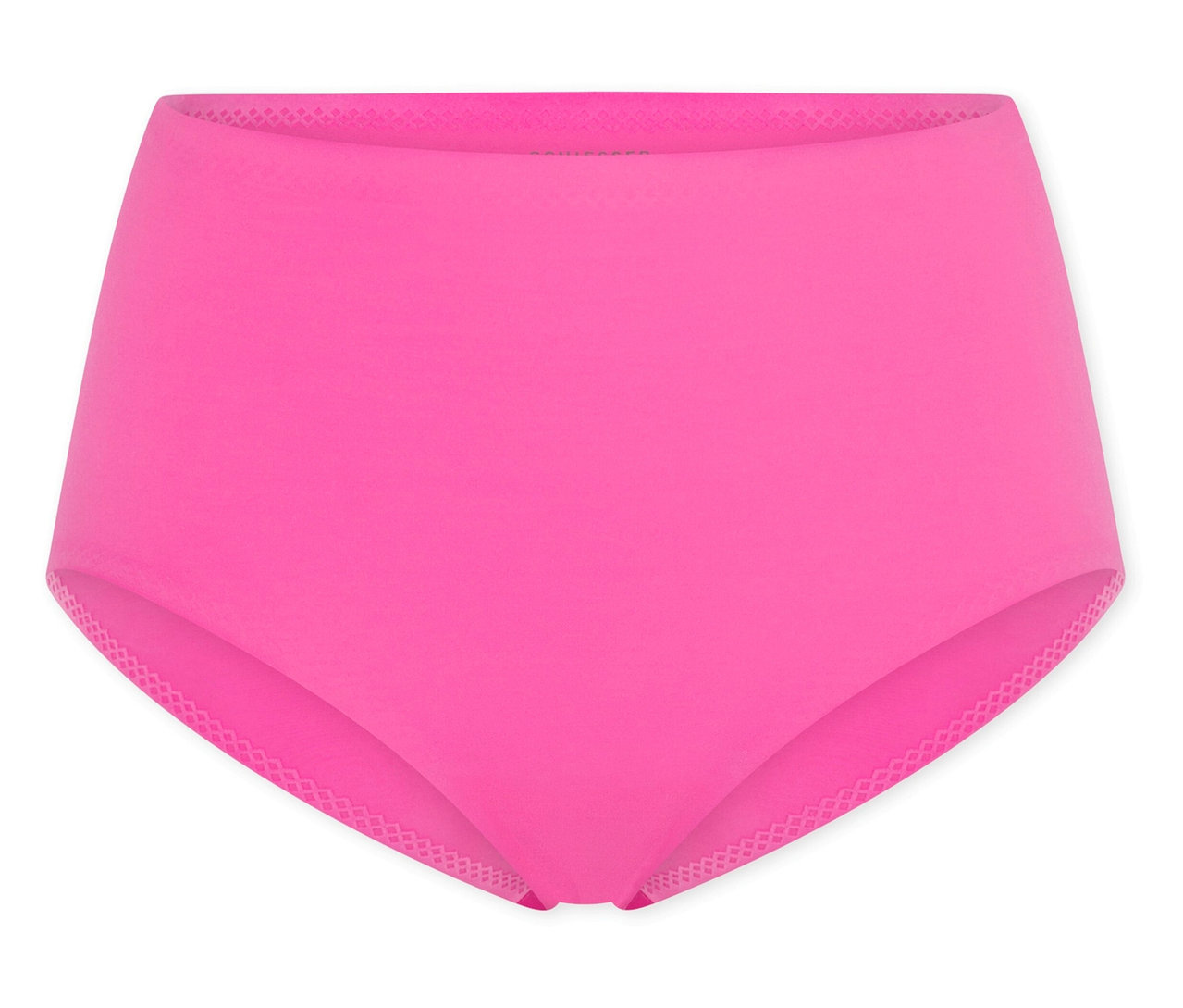 Ein einzelner fuchsiafarbener SCHIESSER Invisible Slip Maxi, hoch geschnitten und aus glattem Stoff, vor weißem Hintergrund.