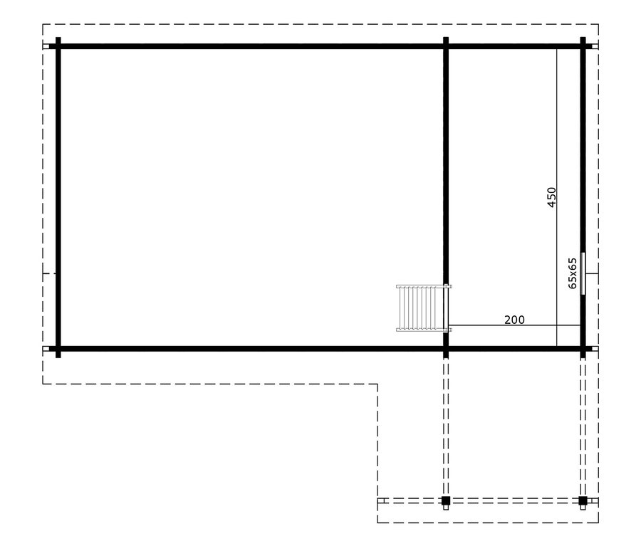 Draufsicht des Bauplans eines Holzhauses mit den Maßen 450 x 200 und einer Wandstärke von 65 x 65.