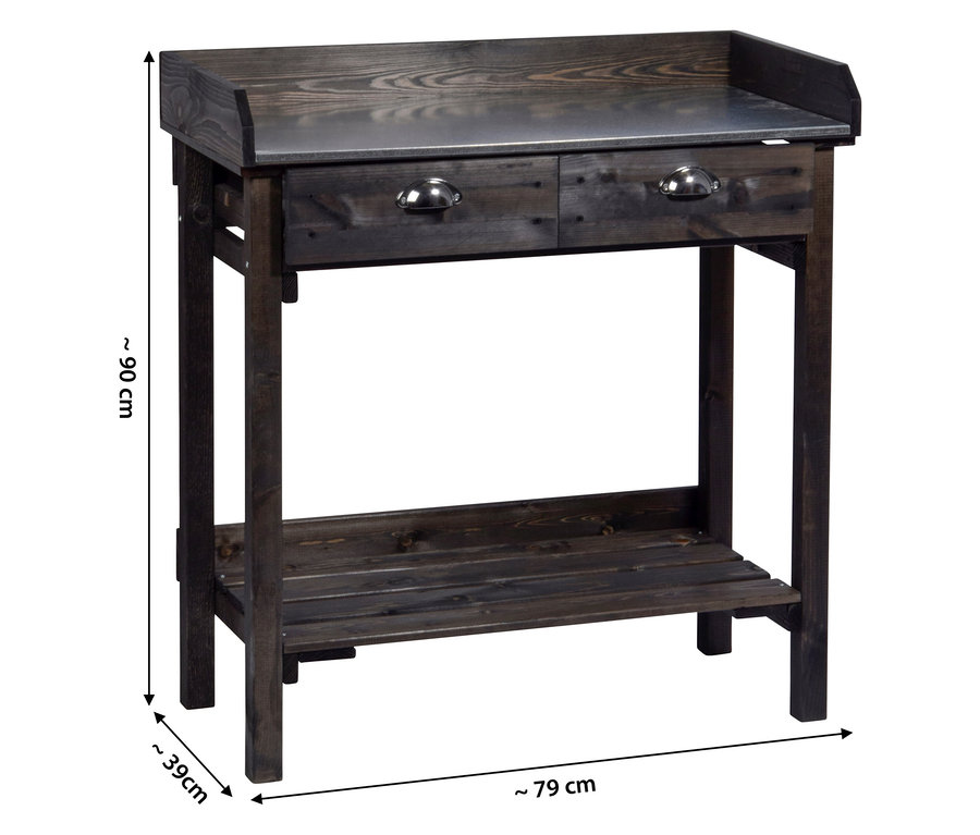 Schwarzer Pflanztisch mit Schubladen.