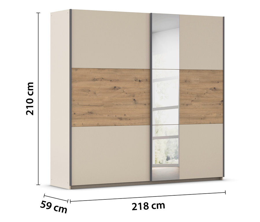 Kleiderschrank mit Schiebetüren in Beige und Holzoptik mit Spiegel, Maße 210 x 218 x 59 cm.