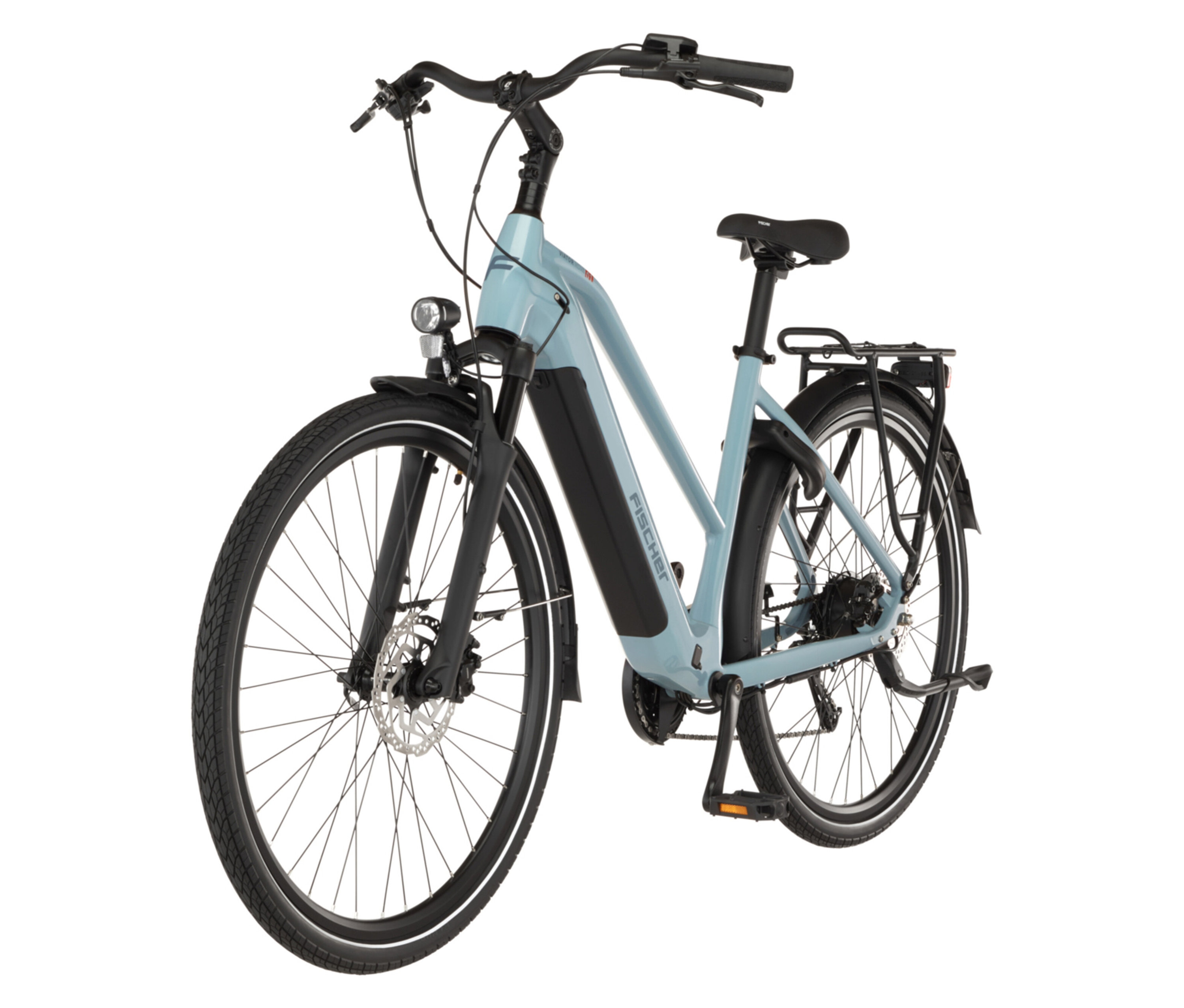FISCHER Trekking-E-Bike VIATOR MOVE mit Trapez-Rahmen, in mittlerer Größe, von vorne.