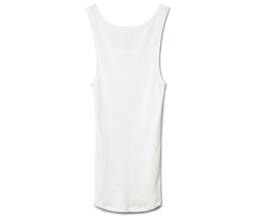 Weißes Tanktop, freiliegend auf weißem Hintergrund.