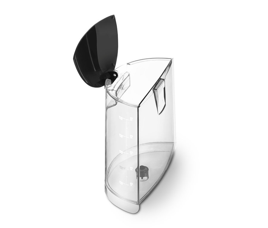 Detailansicht des transparenten Wasserbehälters der »Let's Brew« Filterkaffeemaschine mit schwarzem Deckel.